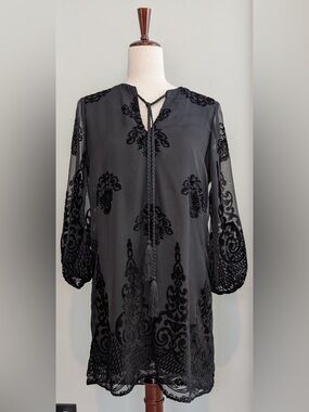 LAVENDER BROWN Lace Velvet Overlay Tie Tassel Pullover Shift Dress Black Size L